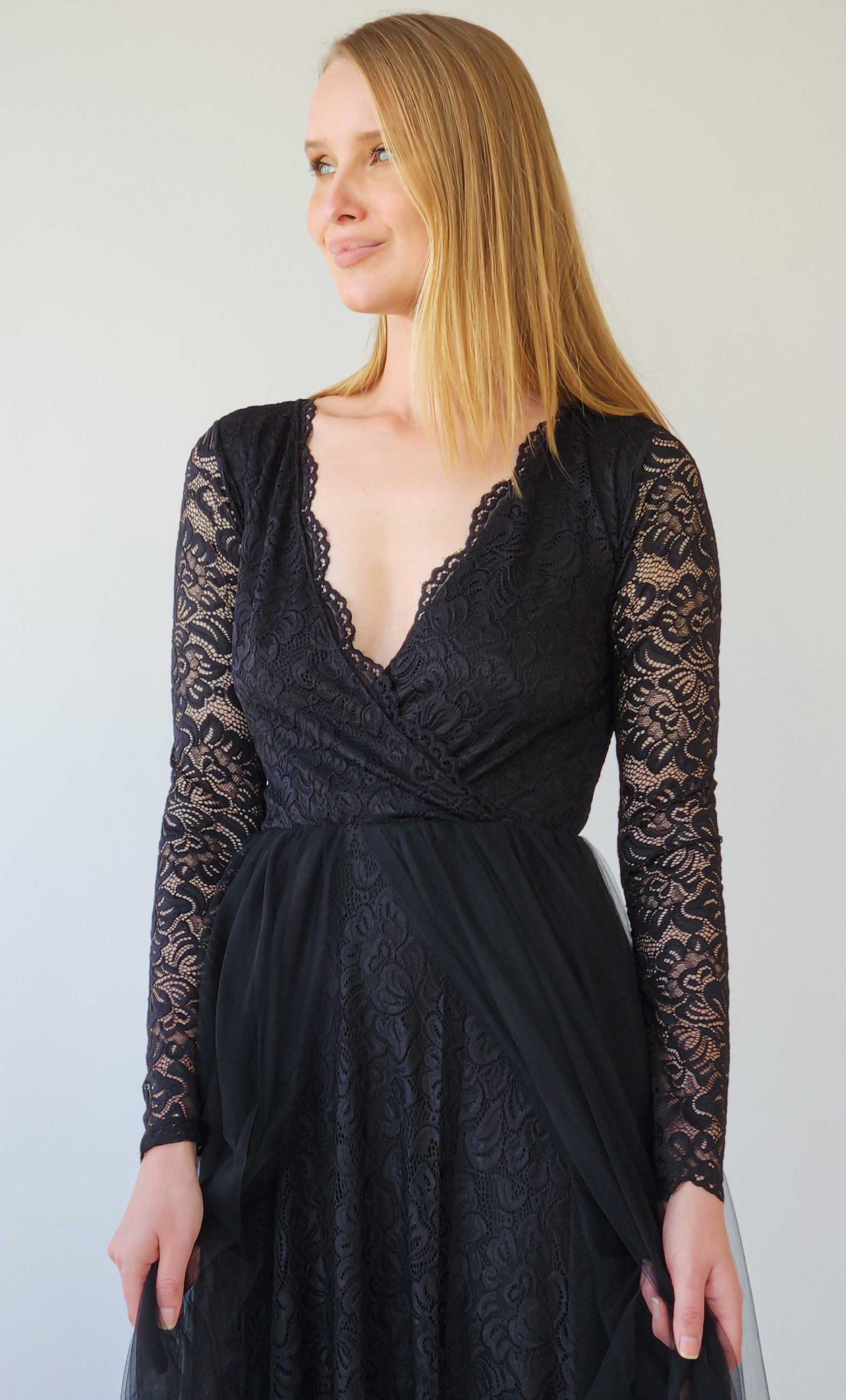 Black Tulle Lace Dress: Long Sleeve V-Neck Formal Gown