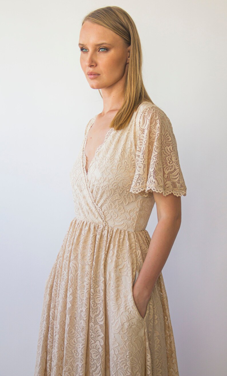 Delicate Champagne V neckline wrap lace bohemian dress short image 4