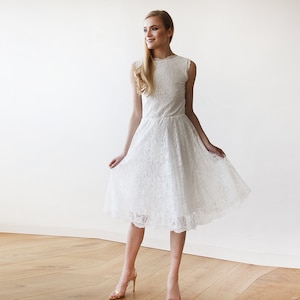 Short wedding dress , Open back lace midi sleeveless ivory dress 1143
