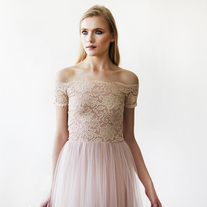 Mon Amour Lace Detail Tulle Mesh Hem Dress Blush