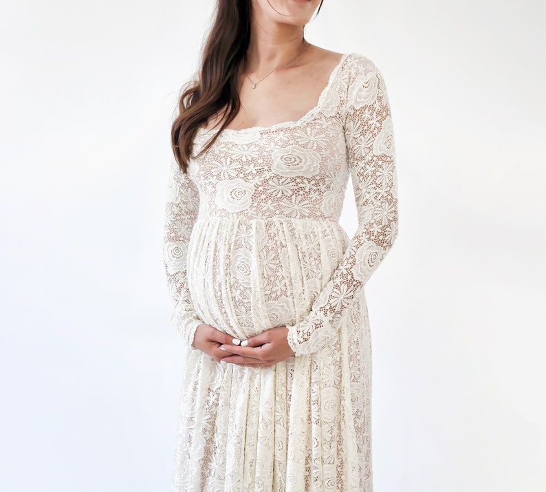 Maternity Vintage Ivory Blush Square Neckline Dress , Maternity dress for photo shoot 7019 image 8