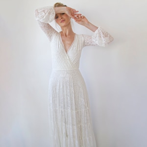 Boho Bestseller Gipsy layered Boho Skirt, Maxi lace wedding dress, Wrap neckline, Puffy bracelet sleeves 1365 image 10