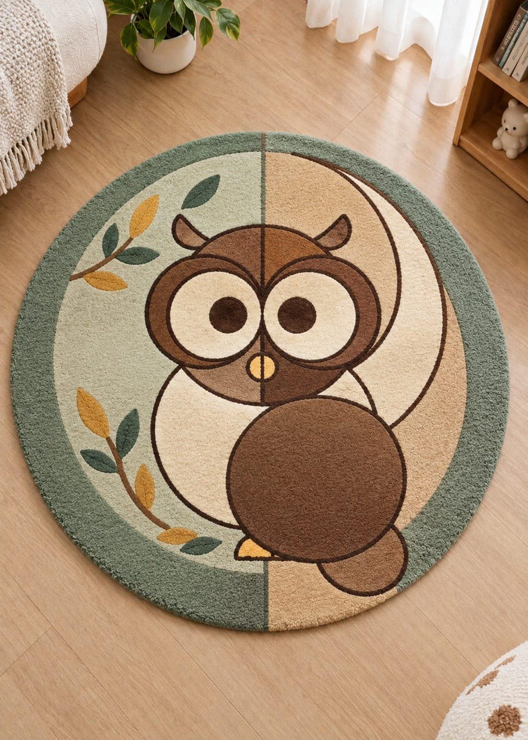 Round Owl Kids Rug &ndash; Cute Woodland Animal Nursery & Playroom Area Rug