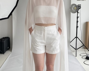 Bridal Chiffon Cape | Sheer Wedding Cape Top | White Bridal Cover Up | Bridal Shawl | Modern Wedding Wrap | Minimalist Bride