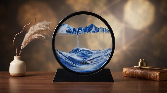 A hypnotic 12-inch round sand art piece that rotates 360° so the coloured sand endlessly reshapes into new desert/ocean landscapes — meditative desk therapy in a frame.