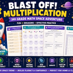 Può includere: Un set di esercizi digitali di moltiplicazione per la terza elementare con tema spaziale, un astronauta e un razzo. Include 10 pagine con chiavi di risposta, coprendo missioni matematiche come fatti stellari, colore per prodotto e tabelle.