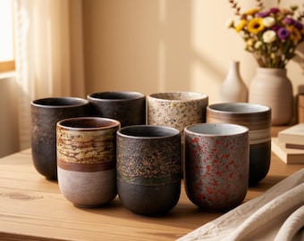 May include: A collection of seven ceramic cups with varied textures and finishes, including speckled, solid dark, and multi-toned designs. The cylindrical vessels feature distinct glaze patterns in shades of brown, black, grey, and red, arranged together.