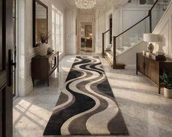 Modern Abstract Wave Runner Rug, Hand Tufted Wool Carpet, Black Beige Neutral Hallway Rug, Contemporary Geometric Long Runner, Custom Size.