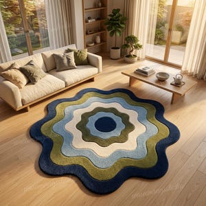 Wavy Abstract Rug, Blue And Green Irregular Carpet, Scalloped Tufted Area Mat, Retro Funky Living Room Decor, Modern Geode Shaped Floor Rugs