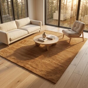 Solid Caramel Brown Area Rug | 9x12ft Plush Velvet Texture Modern Minimalist Carpet | Warm Golden Ochre Tufted Rug for Living Room & Bedroom
