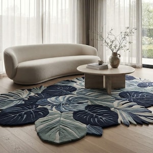 Modern handgetuft vloerkleed in bladvorm, dikke marineblauwe Monstera-tapijt, botanisch vloerkleed voor de slaapkamer, gestructureerd vloerkleed voor de kinderkamer.