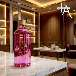 Può includere: Una bottiglia cilindrica in vetro riempita con un liquido rosa vibrante, dotata di un tappo a vite dorato e di un logo dorato sulla parte anteriore con la scritta TA SINCE 1973. La bottiglia è posizionata su una superficie di marmo bianco.