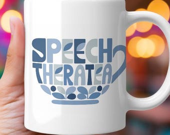 Speech Theratea mug. Gift for Speech and Language Therapists! Blue 70s design