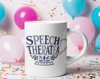 Speech Theratea mug. Gift for Speech and Language Therapists! Blue Vintage design.