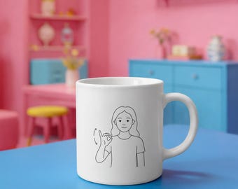 British Sign Language Female Signer Mug, Tea Coffee Cup, Bespoke Hot Drink Order