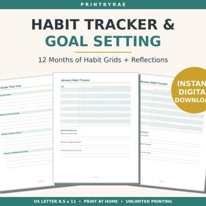 Op de afbeelding: Een digitale gewoonte-tracker en doelstellingsplanner met drie zichtbare pagina's. De tekst luidt PRINTBYRAE, HABIT TRACKER & GOAL SETTING, 12 Months of Habit Grids + Reflections, My Goals This Year, January Habit Tracker en INSTANT DIGITAL DOWNLOAD.