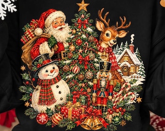 May include: A black crewneck sweatshirt featuring a colorful holiday graphic of Santa Claus, a decorated Christmas tree, a snowman with a plaid scarf, a reindeer, a nutcracker, and wrapped gifts. The design includes a small cabin in the background.