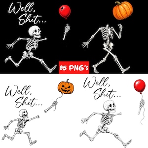 Puede incluir: Un conjunto de gr&aacute;ficos digitales con esqueletos en poses de carrera, globos rojos y calabazas naranjas. El texto "Well, Shit..." aparece en una fuente cursiva. La colecci&oacute;n incluye cinco archivos PNG distintos con ilustraciones.