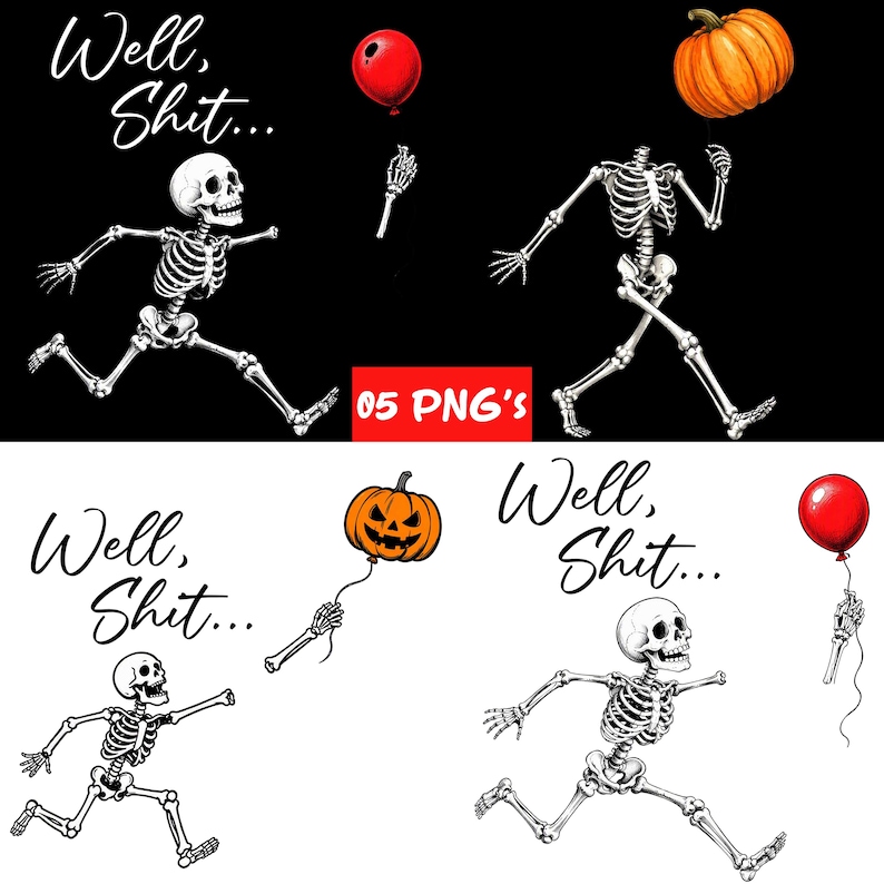 Puede incluir: Un conjunto de gr&aacute;ficos digitales con esqueletos en poses de carrera, globos rojos y calabazas naranjas. El texto "Well, Shit..." aparece en una fuente cursiva. La colecci&oacute;n incluye cinco archivos PNG distintos con ilustraciones.
