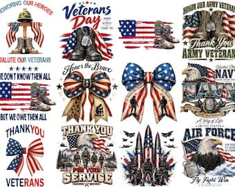 May include: A collection of twelve patriotic graphic designs featuring American flags, military boots, bald eagles, bows, and soldiers. Text includes phrases like Honoring Our Heroes, Veterans Day, Honor the Brave, and branch-specific military tributes.