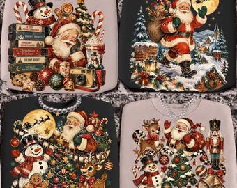 May include: Four sweatshirts featuring Christmas graphics. Top left: Santa, snowman, and cassette tapes labeled A Merry Christmas, Snowy Nights, Holiday Homecoming, Christmas Wishes, Silent Night, The Night Before Christmas. Top right: Santa with a sack. Bottom left: Santa, snowman, and reindeer. Bottom right: Santa, reindeer, snowman, and nutcracker.