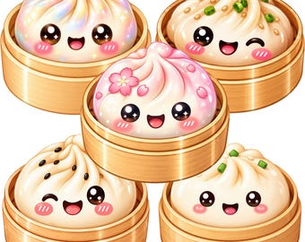 May include: Five steamed dumplings with smiling faces, each resting in a small bamboo steamer basket. The dumplings feature various toppings including iridescent highlights, green onions, pink cherry blossom petals, and black sesame seeds.