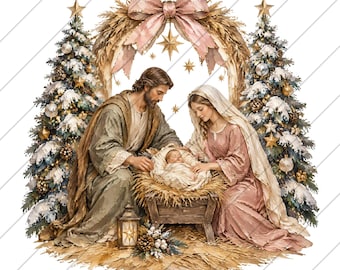 May include: A nativity scene illustration featuring a man in a green robe and a woman in a pink dress kneeling beside a wooden manger with a baby. Two snow-covered Christmas trees flank the scene, topped with a large pink bow and stars.