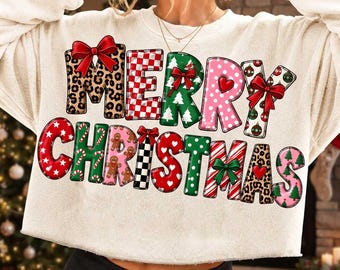 Merry Christmas Typography PNG, Doodle Bow, Checkered, Polka Dots (Digital Download)