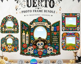 May include: A digital bundle of 16 photo frames featuring Day of the Dead themes with sugar skulls, marigolds, candles, and butterflies. The text includes "Día de los MUERTO", "PHOTO FRAME BUNDLE", "16 BEAUTIFUL DESIGNS", "NOMBRE", and "Guía nuestro camino con tu amor".