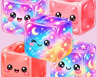 May include: Five translucent, glossy, cube-shaped blocks with rounded edges and smiling faces. Three cubes feature a vibrant, multi-colored galaxy pattern with stars, moons, and clouds. Two cubes are solid pink with one featuring a strawberry.