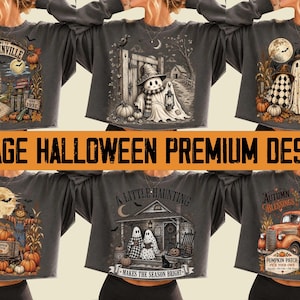 Puede incluir: Una colección de seis sudaderas cortas de color gris carbón con varios estampados gráficos de Halloween, incluyendo calabazas, fantasmas, un camión vintage y casas encantadas, con el texto VINTAGE HALLOWEEN PREMIUM DESIGNS en el centro.