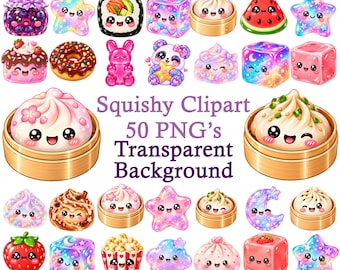 May include: A collection of 50 digital illustrations featuring various food items and shapes with smiling faces, including stars, dumplings in bamboo steamers, fruits, and sweets, with the text Squishy Clipart 50 PNG's Transparent Background.