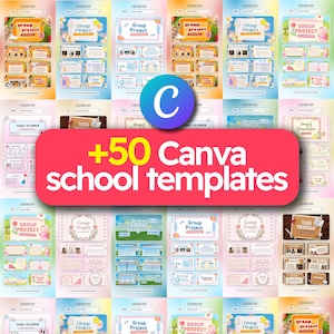 May include: A digital collection of 50 Canva school presentation templates featuring various pastel color schemes, floral motifs, and organized slide layouts. The central red graphic displays the white text +50 Canva school templates.