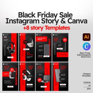 May include: A digital design template set for Black Friday Instagram stories featuring eight layouts with black and red color schemes. The graphics display various electronic products like headphones, smartwatches, power banks, and laptops with text.