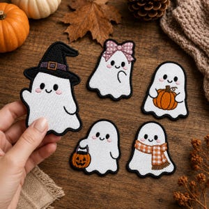 Cute Ghost Embroidered Patch Set, Halloween Iron On Patch, Kawaii Ghost Applique, Spooky Sew On Patch for Jackets, Hats Bags Halloween Patch