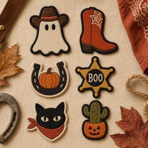 May include: A set of six embroidered patches featuring a ghost in a brown cowboy hat, a rust-colored cowboy boot with a spiderweb, a pumpkin inside a horseshoe, a gold sheriff star with the text BOO, a black cat with a red bandana, and a cactus in a jack-o'-lantern pot.