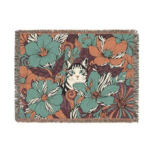Floral Cat Tapestry Woven Blanket | Floral Cat Throw