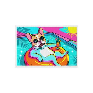 Könnte beinhalten: Eine farbenfrohe Illustration einer französischen Bulldogge mit schwarzer Sonnenbrille, die in einem Pool auf einem orangefarbenen Schwimmring treibt. Der Hund hält ein tropisches Getränk mit einem kleinen Schirm, während eine gelbe Sonne scheint.