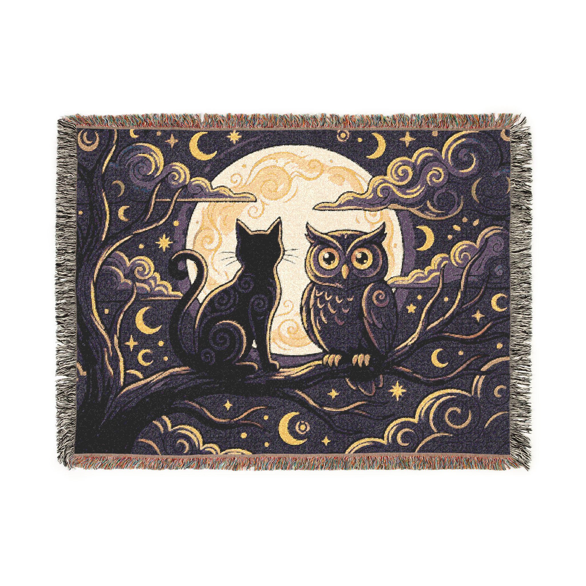 Moonlit Owl and Cat Woven Blanket | Night Sky, Crescent Moon