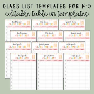 Pode incluir: Uma coleção de modelos imprimíveis de listas de classe e registros para as séries K-5. Cada documento apresenta um cabeçalho em tons pastel com o texto Class List ou Class Roster, uma borda de rostos sorridentes e uma tabela editável com colunas para o nome do aluno, responsável, número de telefone e data de nascimento.