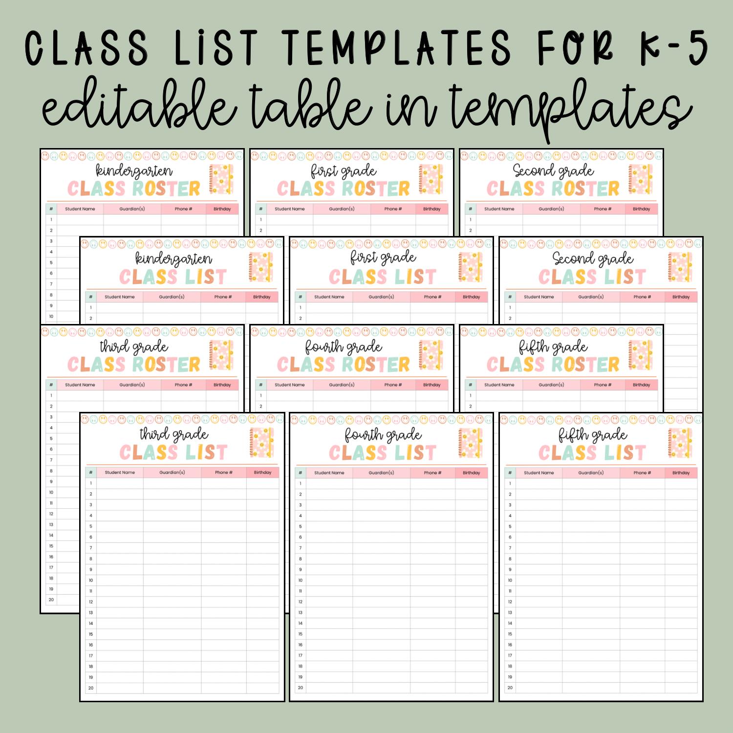 Editable Class Roster Templates K-5, Student Information Sheet (digital ...