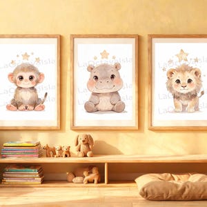 Safari Nursery Print Set of 3, Lion Hippo and Monkey Wall Art, Watercolor Animal Prints, Printable Nursery Decor, Kids Room Art