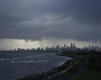 Melbourne and Hot Coffee – Melbourne Skyline Photograph on canvas, Stormy Cityscape, Australian