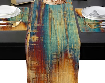 Vintage Abstract Table Runner Placemat Set, Retro Blue Rust Orange Dining Decor
