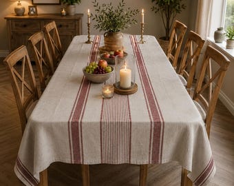 Natural Linen Tablecloth | Rustic Grain Sack Stripes, Farmhouse Dining Cover