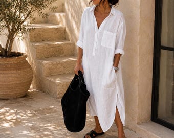 Robe longue oversize en lin | Kaftan ample, tenue idéale pour les vacances d'été à la plage
