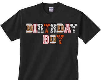 Birthday Boy Shirt featuring Football, Baseball, Basketball and Soccer letters, great for sports themed birthday parties for any age