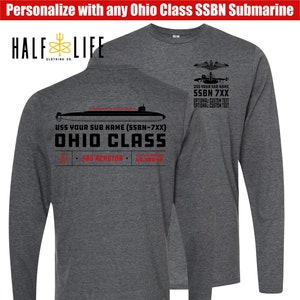Ohio Class Submarine Long Sleeve Tee with Custom Personalized boat name, hull number & custom text | Ballistic Missile Submarine | Navy Nuke
