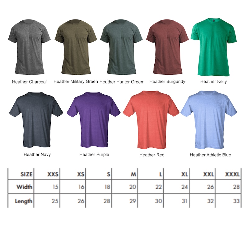 Puede incluir: Una tabla de tallas para camisetas de diferentes colores y tallas. La tabla muestra las medidas de ancho y largo en pulgadas para las tallas XXS a XXXL.