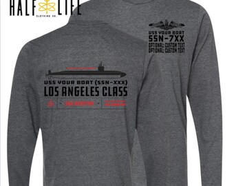 Los Angeles Class Submarine Long Sleeve Tee with Custom Personalized boat name, hull number & custom text | Fast Attack Submarine